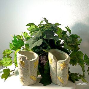 Handcrafted White Ceramic Vases with Yellow Leaves, Handpainted Clay Pottery